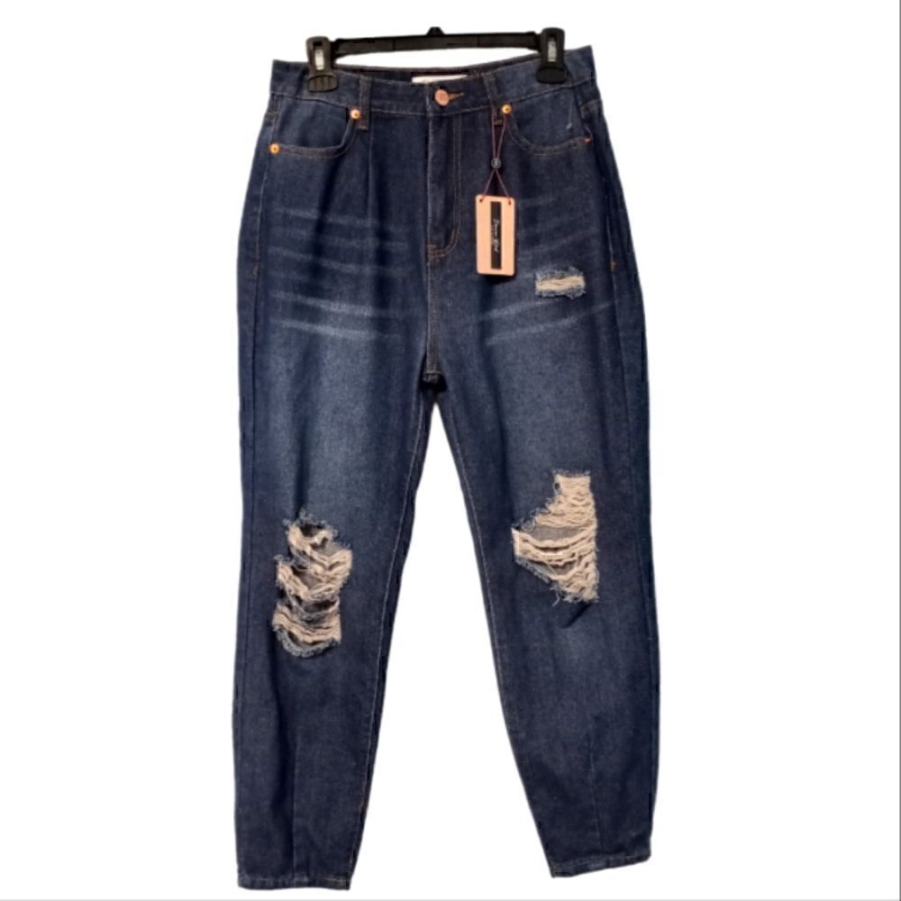 Denim Blvd Los Angeles Distressed Mom Jeans size 5 Dark Wash Blue NWT